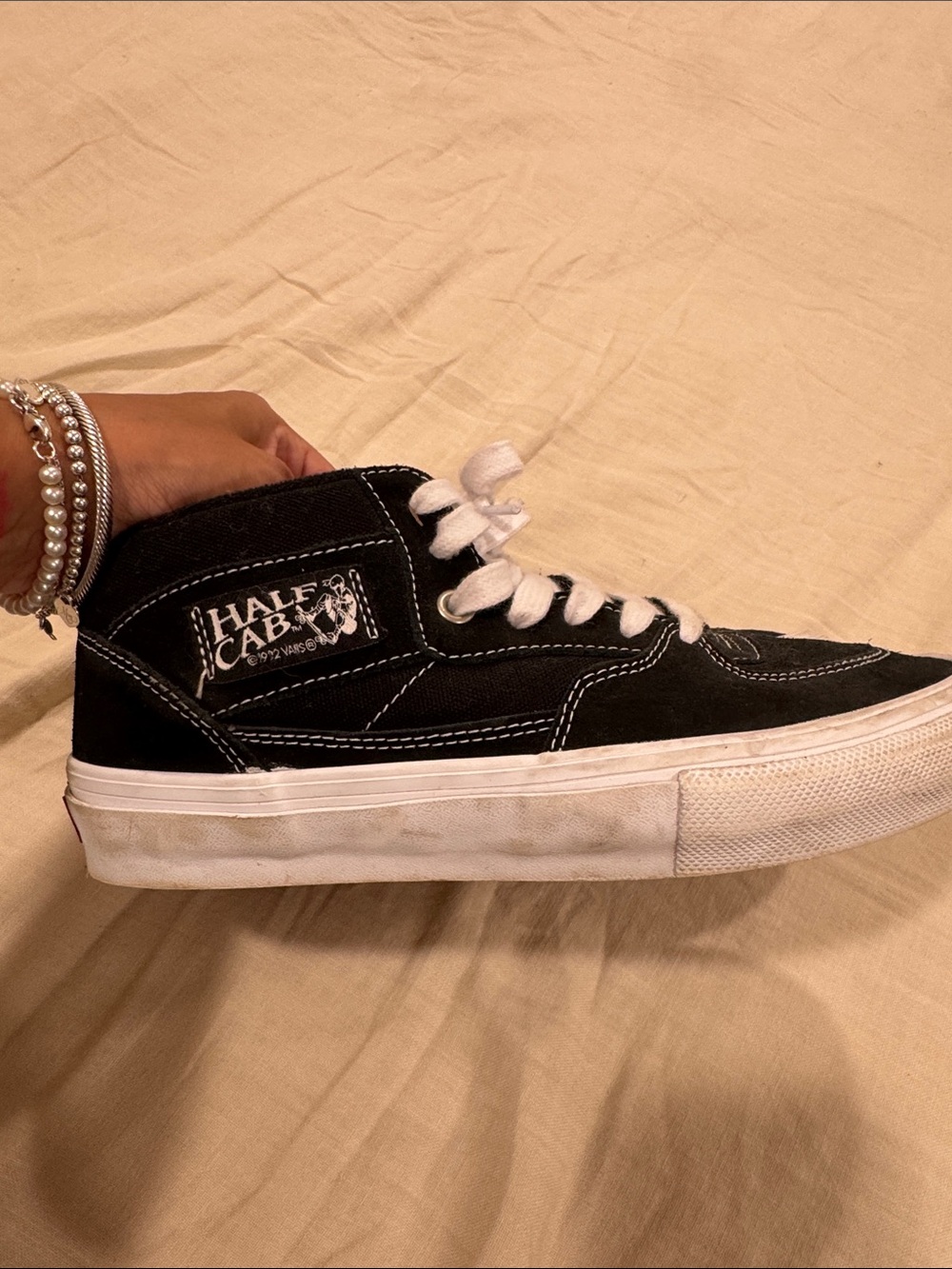 Half Cab Vans Kids Black Suede Mid-Top Sneakers with White Laces - Picture 8 of 8